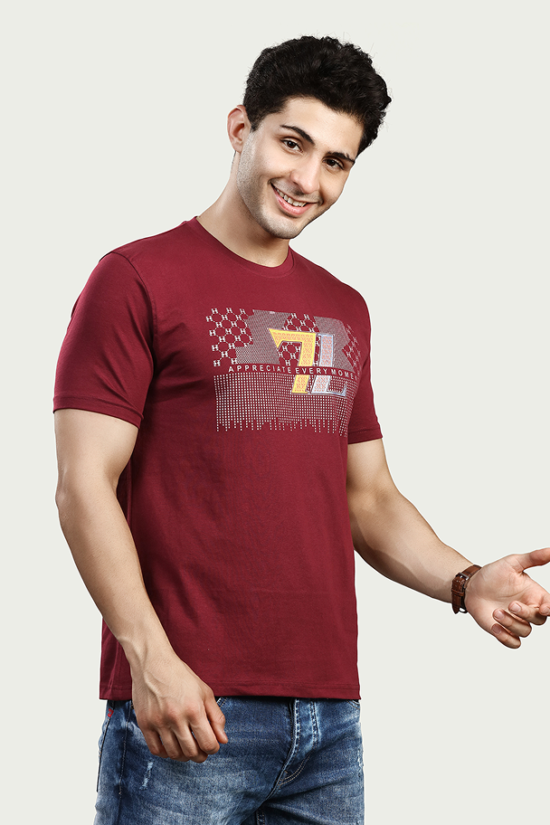 Maroon Graphic Print Round Neck Stretchable T-Shirt