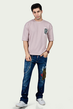 Peach Graphic Print Round Neck Oversized Drop Shoulder T-Shirt