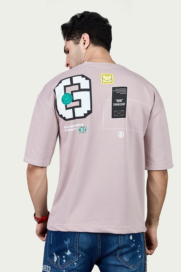 Peach Graphic Print Round Neck Oversized Drop Shoulder T-Shirt