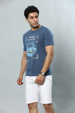 Slate Blue Graphic Print Round Neck Stretchable T-Shirt