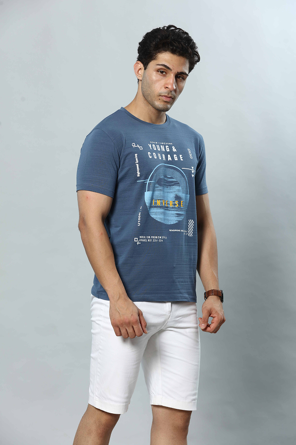 Slate Blue Graphic Print Round Neck Stretchable T-Shirt