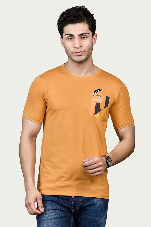 Mustard Print Round Neck Stretchable T-Shirt