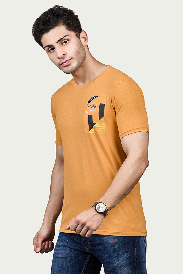 Mustard Print Round Neck Stretchable T-Shirt