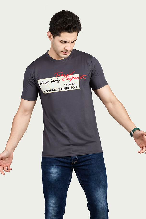 Navy Graphic Print Round Neck Stretchable T-Shirt