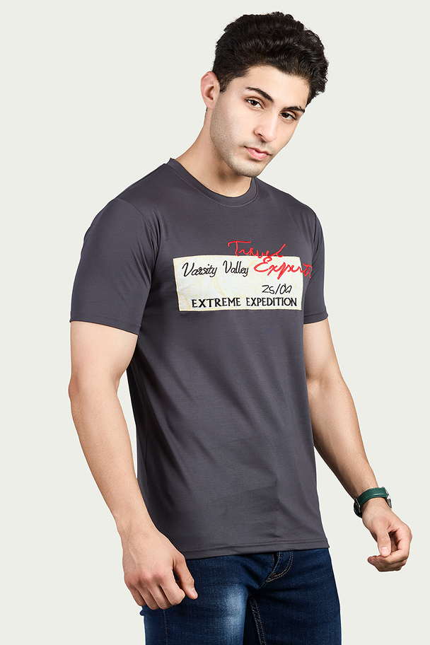 Navy Graphic Print Round Neck Stretchable T-Shirt