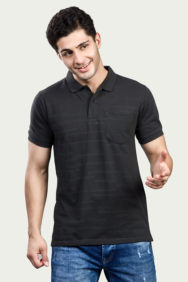 CharcoalStriped Polo T-Shirt with Pocket