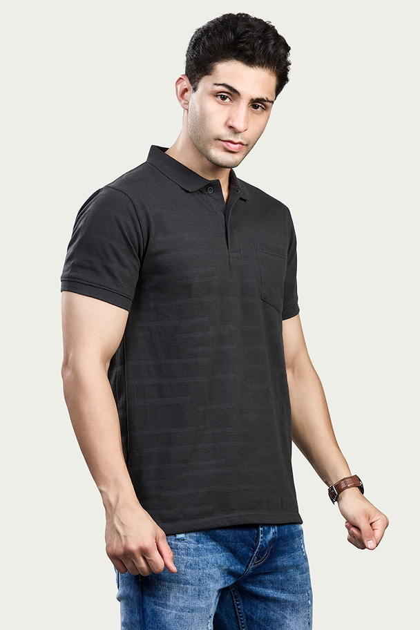 CharcoalStriped Polo T-Shirt with Pocket