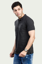 CharcoalStriped Polo T-Shirt with Pocket