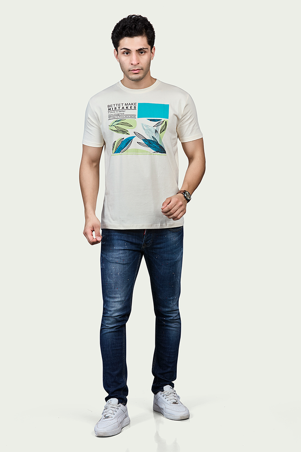 Cream Graphic Print Round Neck Stretchable T-Shirt