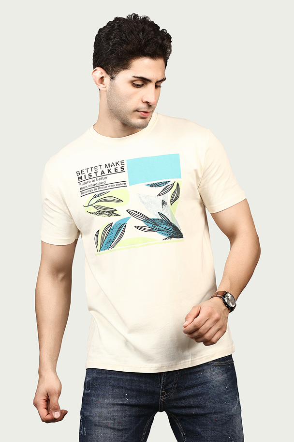 Cream Graphic Print Round Neck Stretchable T-Shirt