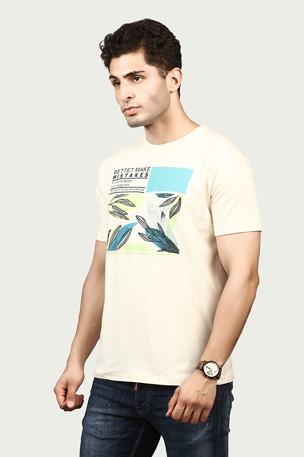 Cream Graphic Print Round Neck Stretchable T-Shirt