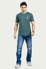 Bottle Green Print Round Neck Stretchable T-Shirt