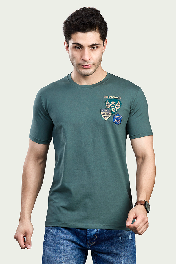 Bottle Green Print Round Neck Stretchable T-Shirt