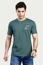 Bottle Green Print Round Neck Stretchable T-Shirt