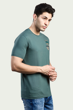 Bottle Green Print Round Neck Stretchable T-Shirt