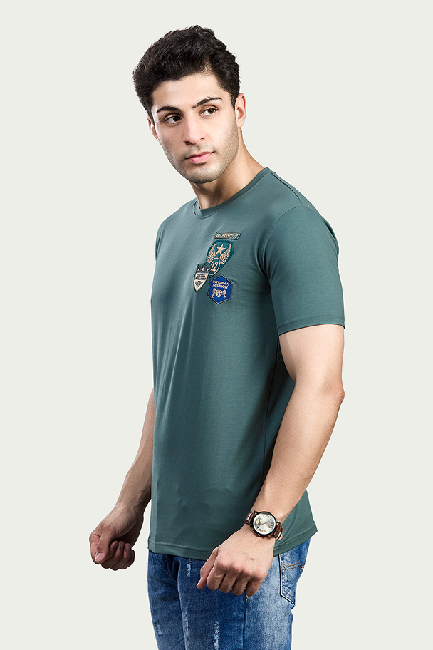 Bottle Green Print Round Neck Stretchable T-Shirt
