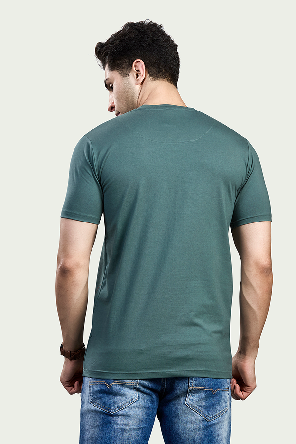 Bottle Green Print Round Neck Stretchable T-Shirt