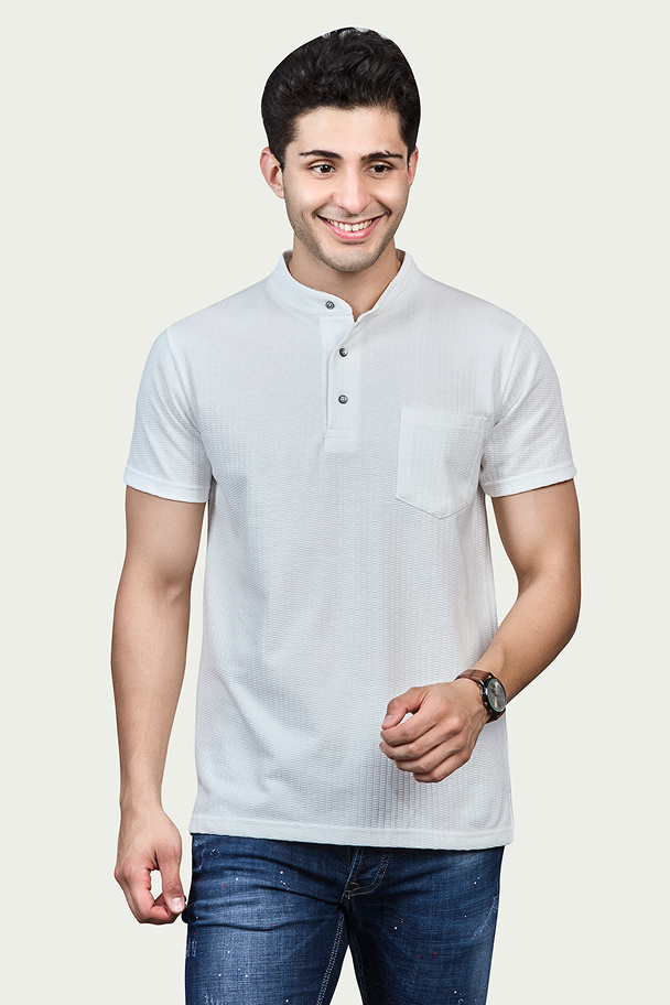 White Striped Henly Neck T-Shirt with Pocket