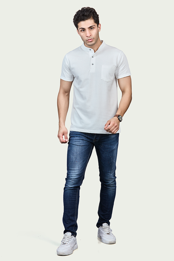 White Striped Henly Neck T-Shirt with Pocket