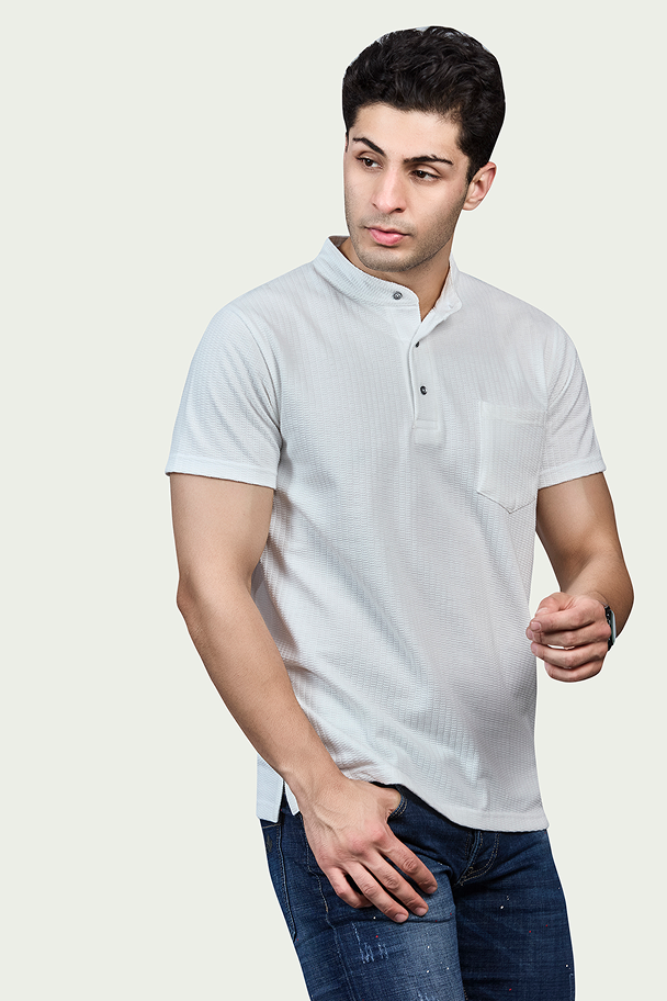 White Striped Henly Neck T-Shirt with Pocket