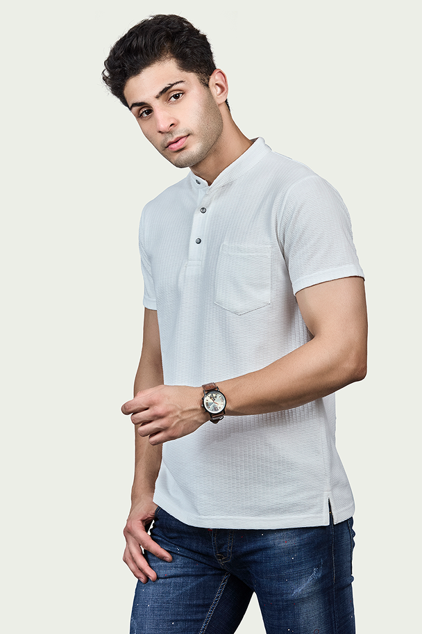 White Striped Henly Neck T-Shirt with Pocket