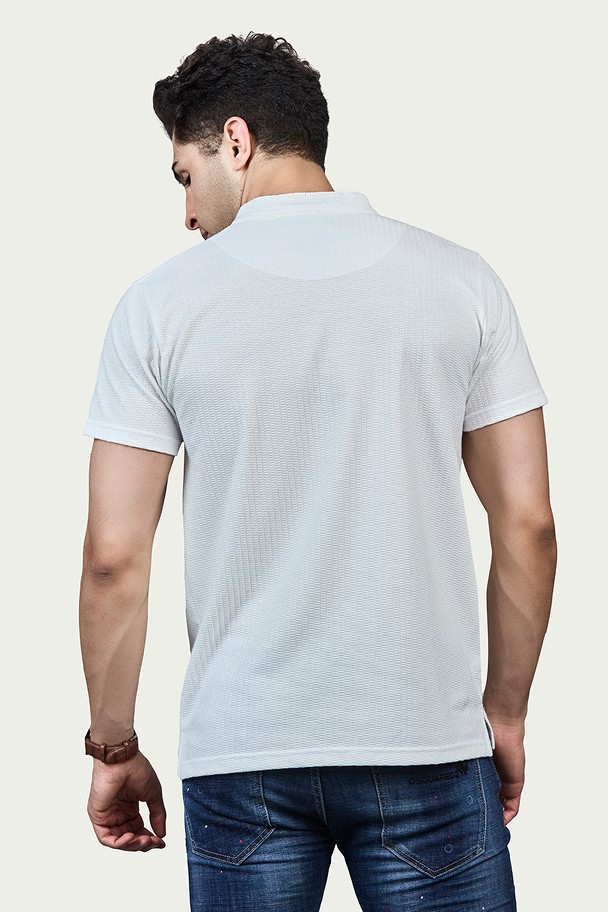White Striped Henly Neck T-Shirt with Pocket
