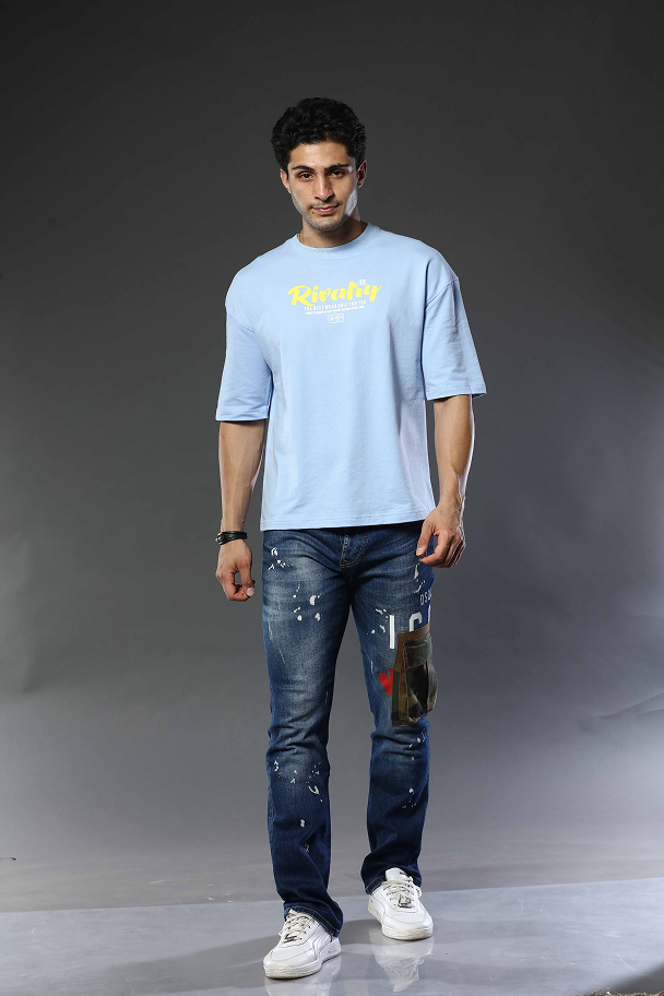 Light Blue Graphic Print Round Neck Oversized Drop Shoulder T-Shirt