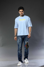 Light Blue Graphic Print Round Neck Oversized Drop Shoulder T-Shirt