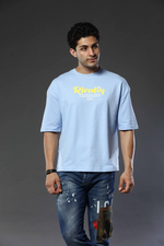 Light Blue Graphic Print Round Neck Oversized Drop Shoulder T-Shirt