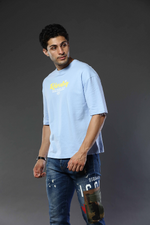 Light Blue Graphic Print Round Neck Oversized Drop Shoulder T-Shirt
