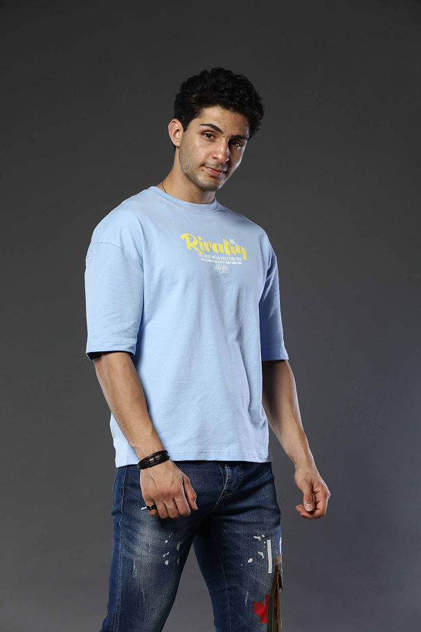 Light Blue Graphic Print Round Neck Oversized Drop Shoulder T-Shirt