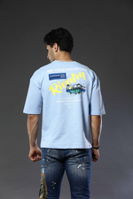Light Blue Graphic Print Round Neck Oversized Drop Shoulder T-Shirt