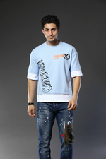 Light Blue Graphic Print RoundNeck Oversized Drop Shoulder T-Shirt