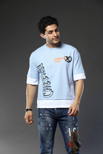 Light Blue Graphic Print RoundNeck Oversized Drop Shoulder T-Shirt