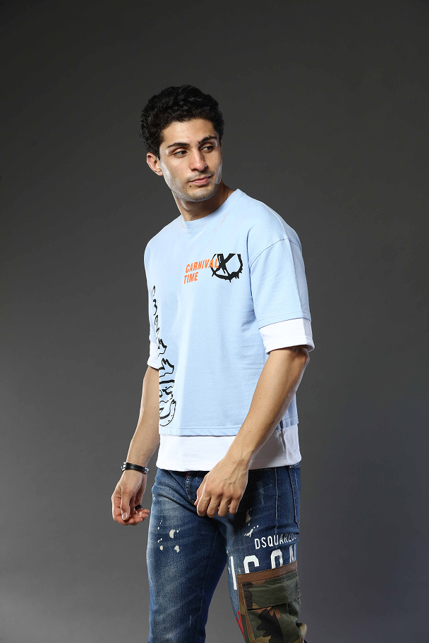 Light Blue Graphic Print RoundNeck Oversized Drop Shoulder T-Shirt