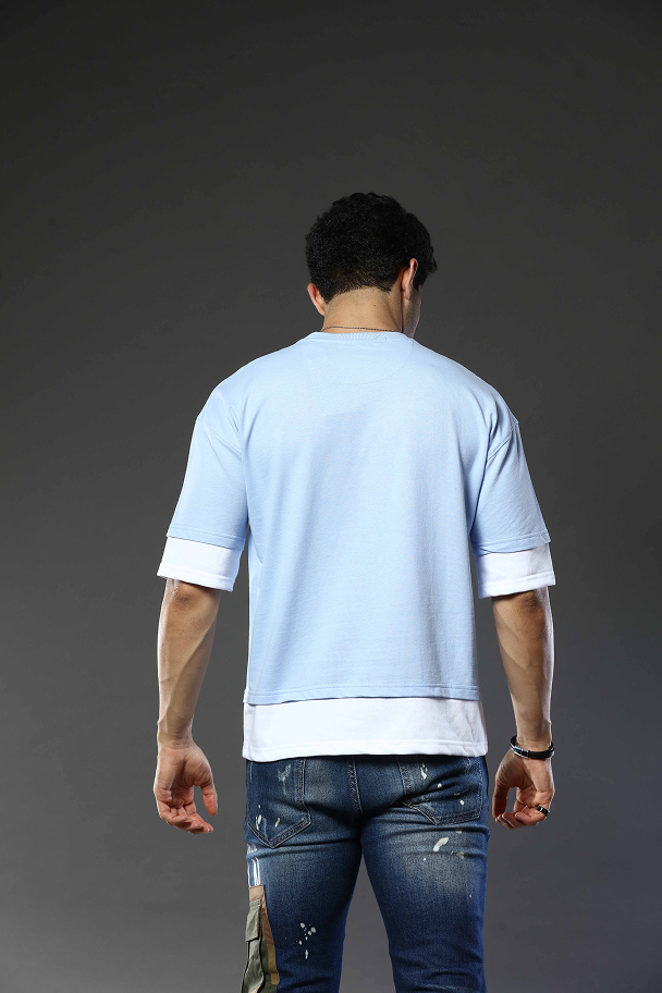 Light Blue Graphic Print RoundNeck Oversized Drop Shoulder T-Shirt