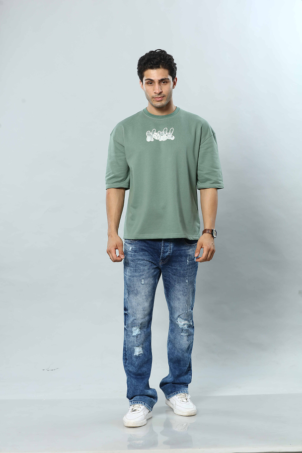 Sage Green Graphic Print Round Neck Oversized Drop Shoulder T-Shirt