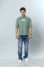 Sage Green Graphic Print Round Neck Oversized Drop Shoulder T-Shirt