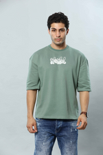 Sage Green Graphic Print Round Neck Oversized Drop Shoulder T-Shirt