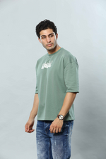 Sage Green Graphic Print Round Neck Oversized Drop Shoulder T-Shirt