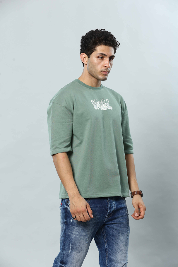 Sage Green Graphic Print Round Neck Oversized Drop Shoulder T-Shirt