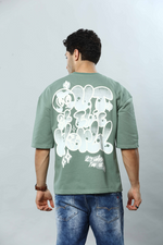 Sage Green Graphic Print Round Neck Oversized Drop Shoulder T-Shirt