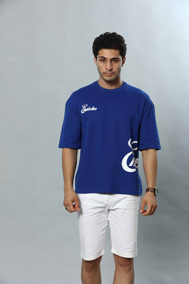 Blue Patterned Round Neck Oversized Drop Shoulder T-Shirt