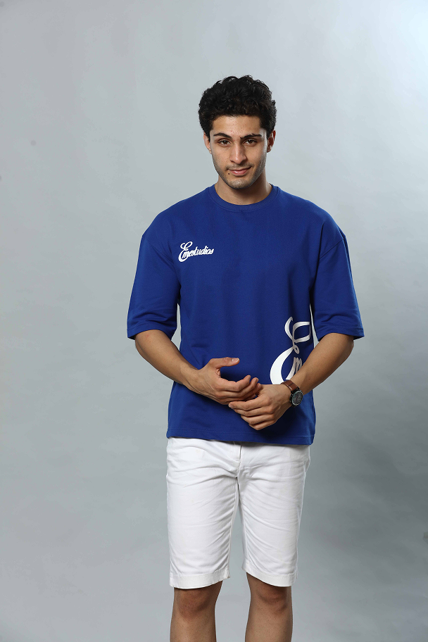 Blue Patterned Round Neck Oversized Drop Shoulder T-Shirt