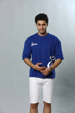 Blue Patterned Round Neck Oversized Drop Shoulder T-Shirt
