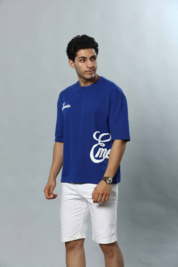 Blue Patterned Round Neck Oversized Drop Shoulder T-Shirt