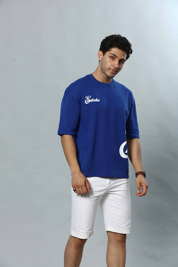 Blue Patterned Round Neck Oversized Drop Shoulder T-Shirt