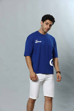 Blue Patterned Round Neck Oversized Drop Shoulder T-Shirt