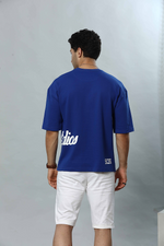 Blue Patterned Round Neck Oversized Drop Shoulder T-Shirt