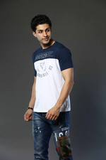 Dark Blue with White Graphic Print Round Neck Stretchable T-Shirt